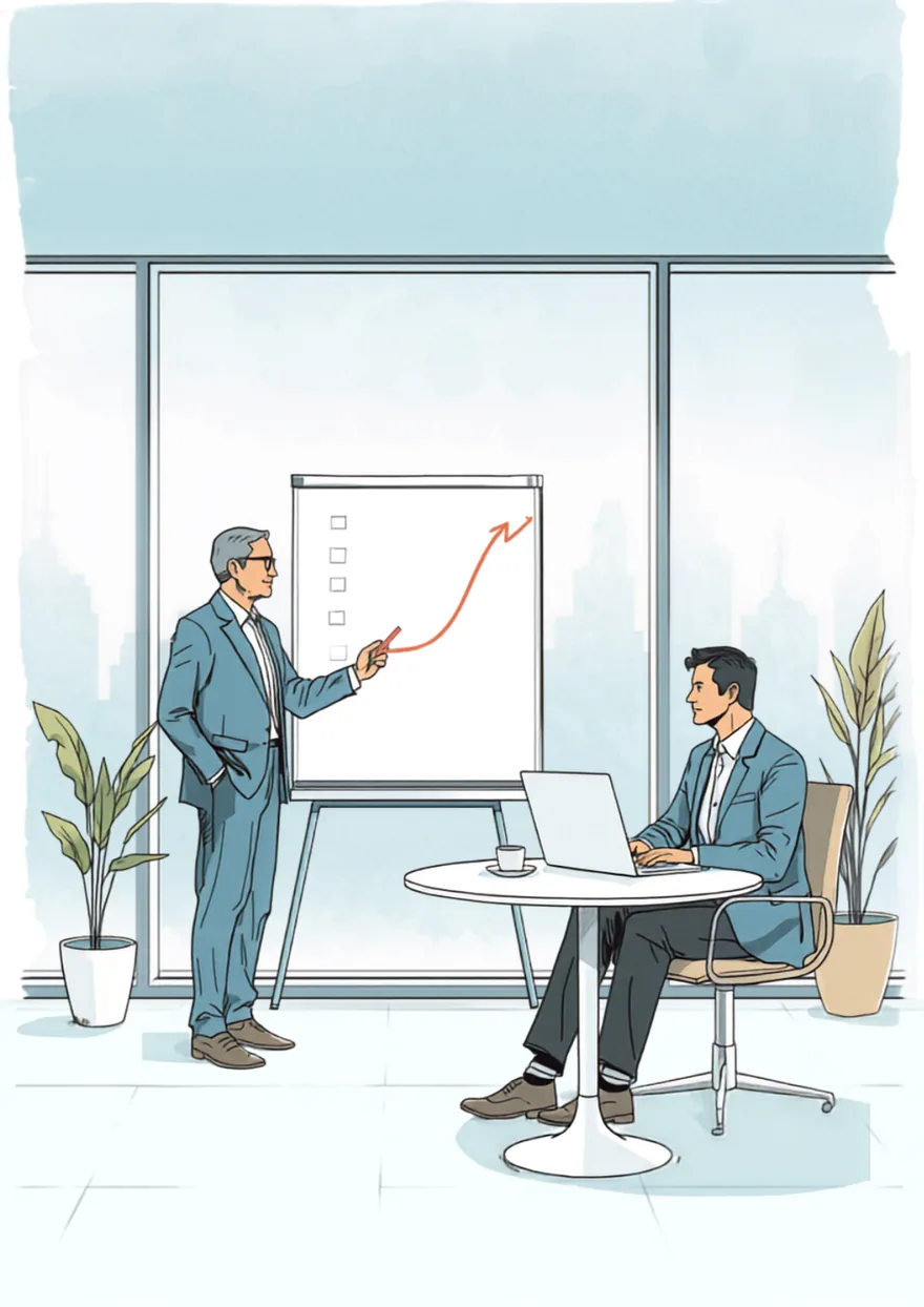 Hand-drawn illustration of a senior marketing leader sketching a rising curve on a flip-chart while a founder watches from a desk with a laptop and a cup of coffee