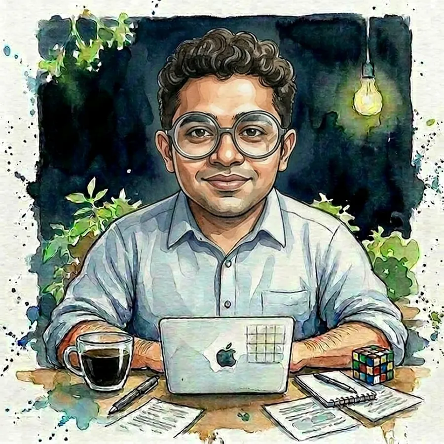 Watercolour portrait of Himanshu Bhagat, founder of 91AIgency, at his desk with a laptop, a cup of black coffee, a Rubik's cube and a notepad