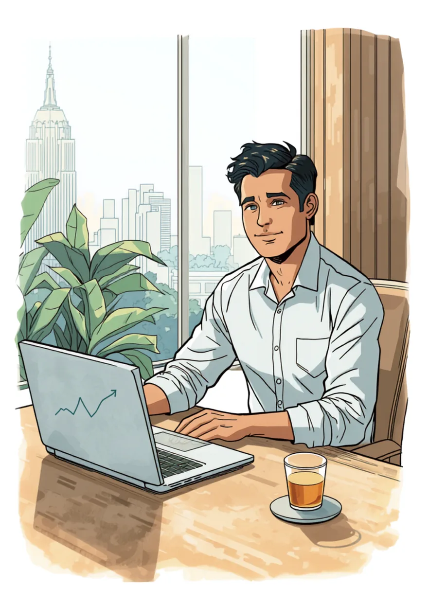 Hand-drawn illustration of a small business owner working on a laptop at his desk, a glass of chai beside him and an Indian street with an auto-rickshaw outside the window