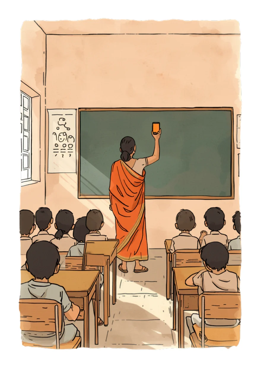 Hand-drawn illustration of a school classroom: a teacher at a blackboard holding up a smartphone, with children at their desks