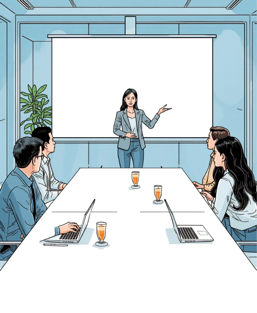 Hand-drawn illustration of a team workshop: colleagues around a conference table with laptops, a presenter pointing at a projector screen